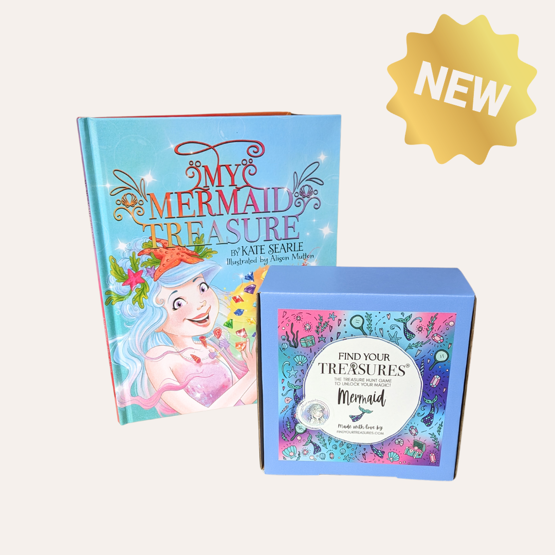 Children's book titled 'My Mermaid Treasure' with a matching game on a white background.