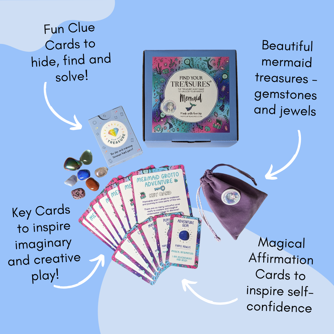 Mermaid-themed educational kit and treasure hunt game with Affirmation Cards, gemstones, and a velvet pouch 