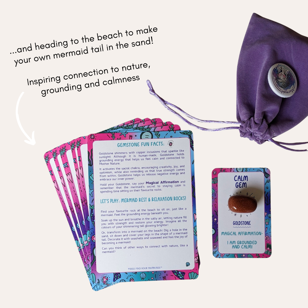 Mermaid-themed educational kit and treasure hunt game with Affirmation Cards, gemstones, and a velvet pouch on a white background