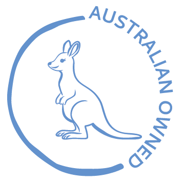 A circular blue logo featuring a kangaroo outline with the words 'AUSTRALIAN OWNED' in blue on a white background.